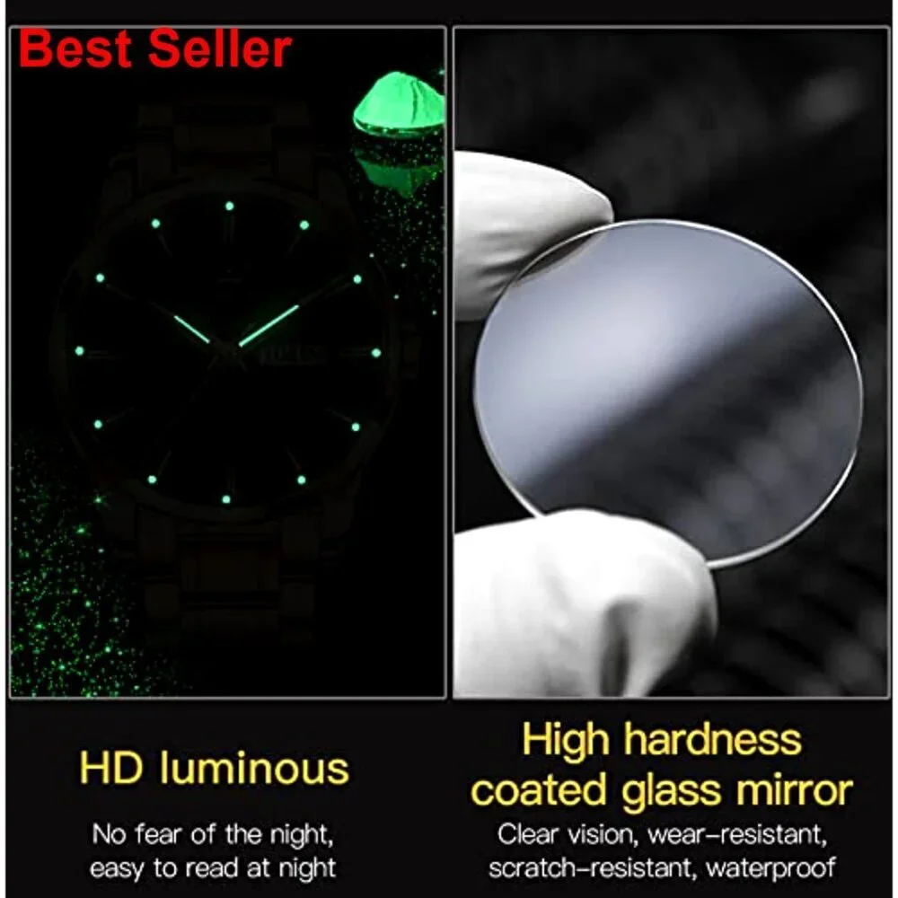 Stainless Steel Waterproof Watch with Date Luminous Dial